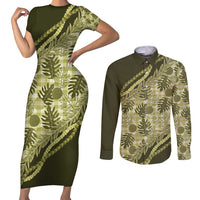 Hawaii Breadfruit Palaka Couples Matching Short Sleeve Bodycon Dress and Long Sleeve Button Shirt Omaomao Maile Lei - Polynesian Pride