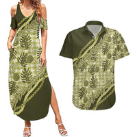 Hawaii Breadfruit Palaka Couples Matching Summer Maxi Dress and Hawaiian Shirt Omaomao Maile Lei - Polynesian Pride