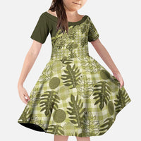 Hawaii Breadfruit Palaka Family Matching Off Shoulder Short Dress and Hawaiian Shirt Omaomao Maile Lei LT9 Daughter's Dress Green - Polynesian Pride