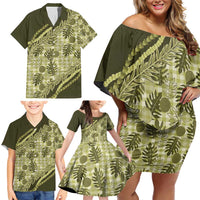 Hawaii Breadfruit Palaka Family Matching Off Shoulder Short Dress and Hawaiian Shirt Omaomao Maile Lei - Polynesian Pride