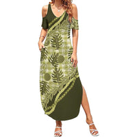 Hawaii Breadfruit Palaka Family Matching Summer Maxi Dress and Hawaiian Shirt Omaomao Maile Lei LT9 Mom's Dress Green - Polynesian Pride