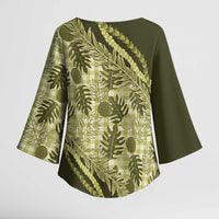 Hawaii Breadfruit Palaka Kimono Sleeve Blouse Omaomao Maile Lei - Polynesian Pride
