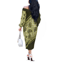 Hawaii Breadfruit Palaka Off The Shoulder Long Sleeve Dress Omaomao Maile Lei - Polynesian Pride