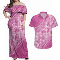 Hawaii Breadfruit Palaka Couples Matching Off Shoulder Maxi Dress and Hawaiian Shirt Omaomao Ulaula Maile Lei - Polynesian Pride