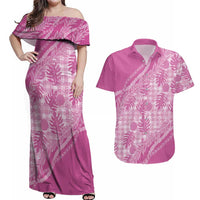 Hawaii Breadfruit Palaka Couples Matching Off Shoulder Maxi Dress and Hawaiian Shirt Omaomao Ulaula Maile Lei LT9 Pink - Polynesian Pride