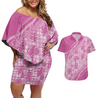 Hawaii Breadfruit Palaka Couples Matching Off Shoulder Short Dress and Hawaiian Shirt Omaomao Ulaula Maile Lei LT9 Pink - Polynesian Pride
