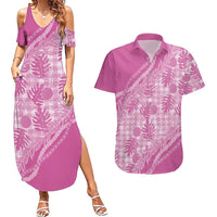 Hawaii Breadfruit Palaka Couples Matching Summer Maxi Dress and Hawaiian Shirt Omaomao Ulaula Maile Lei LT9 Pink - Polynesian Pride