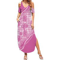 Hawaii Breadfruit Palaka Family Matching Summer Maxi Dress and Hawaiian Shirt Omaomao Ulaula Maile Lei LT9 Mom's Dress Pink - Polynesian Pride