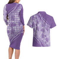 Hawaii Breadfruit Palaka Couples Matching Long Sleeve Bodycon Dress and Hawaiian Shirt Poni Maile Lei LT9 - Polynesian Pride