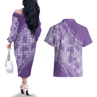 Hawaii Breadfruit Palaka Couples Matching Off The Shoulder Long Sleeve Dress and Hawaiian Shirt Poni Maile Lei LT9 - Polynesian Pride