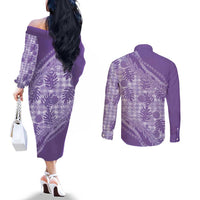 Hawaii Breadfruit Palaka Couples Matching Off The Shoulder Long Sleeve Dress and Long Sleeve Button Shirt Poni Maile Lei - Polynesian Pride