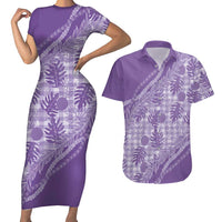 Hawaii Breadfruit Palaka Couples Matching Short Sleeve Bodycon Dress and Hawaiian Shirt Poni Maile Lei LT9 Purple - Polynesian Pride