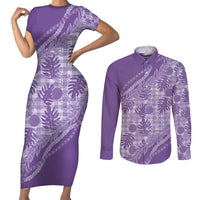 Hawaii Breadfruit Palaka Couples Matching Short Sleeve Bodycon Dress and Long Sleeve Button Shirt Poni Maile Lei - Polynesian Pride