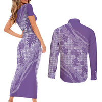 Hawaii Breadfruit Palaka Couples Matching Short Sleeve Bodycon Dress and Long Sleeve Button Shirt Poni Maile Lei - Polynesian Pride