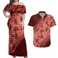 Hawaii Breadfruit Palaka Couples Matching Off Shoulder Maxi Dress and Hawaiian Shirt Ulaula Maile Lei - Polynesian Pride