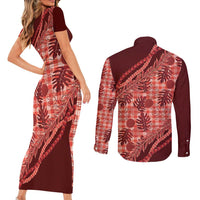 Hawaii Breadfruit Palaka Couples Matching Short Sleeve Bodycon Dress and Long Sleeve Button Shirt Ulaula Maile Lei - Polynesian Pride