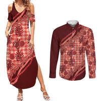 Hawaii Breadfruit Palaka Couples Matching Summer Maxi Dress and Long Sleeve Button Shirt Ulaula Maile Lei - Polynesian Pride
