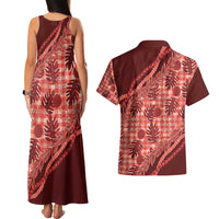 Hawaii Breadfruit Palaka Couples Matching Tank Maxi Dress and Hawaiian Shirt Ulaula Maile Lei - Polynesian Pride