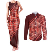 Hawaii Breadfruit Palaka Couples Matching Tank Maxi Dress and Long Sleeve Button Shirt Ulaula Maile Lei - Polynesian Pride