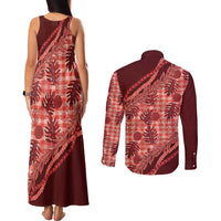 Hawaii Breadfruit Palaka Couples Matching Tank Maxi Dress and Long Sleeve Button Shirt Ulaula Maile Lei - Polynesian Pride
