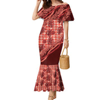 Hawaii Breadfruit Palaka Family Matching Mermaid Dress and Hawaiian Shirt Ulaula Maile Lei LT9 Mom's Dress Red - Polynesian Pride