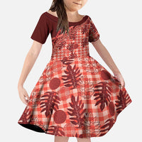 Hawaii Breadfruit Palaka Family Matching Off Shoulder Short Dress and Hawaiian Shirt Ulaula Maile Lei LT9 Daughter's Dress Red - Polynesian Pride