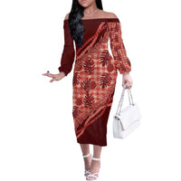 Hawaii Breadfruit Palaka Off The Shoulder Long Sleeve Dress Ulaula Maile Lei - Polynesian Pride