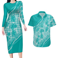 Hawaii Breadfruit Palaka Couples Matching Long Sleeve Bodycon Dress and Hawaiian Shirt Polu Opal Maile Lei LT9 Turquoise - Polynesian Pride