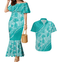 Hawaii Breadfruit Palaka Couples Matching Mermaid Dress and Hawaiian Shirt Polu Opal Maile Lei - Polynesian Pride