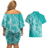 Hawaii Breadfruit Palaka Couples Matching Off Shoulder Short Dress and Hawaiian Shirt Polu Opal Maile Lei - Polynesian Pride