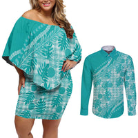 Hawaii Breadfruit Palaka Couples Matching Off Shoulder Short Dress and Long Sleeve Button Shirt Polu Opal Maile Lei - Polynesian Pride