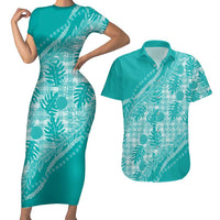 Hawaii Breadfruit Palaka Couples Matching Short Sleeve Bodycon Dress and Hawaiian Shirt Polu Opal Maile Lei LT9 Turquoise - Polynesian Pride
