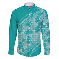 Hawaii Breadfruit Palaka Family Matching Mermaid Dress and Hawaiian Shirt Polu Opal Maile Lei LT9 Dad's Shirt - Long Sleeve Turquoise - Polynesian Pride
