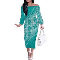 Hawaii Breadfruit Palaka Family Matching Off The Shoulder Long Sleeve Dress and Hawaiian Shirt Polu Opal Maile Lei - Polynesian Pride