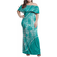 Hawaii Breadfruit Palaka Family Matching Off Shoulder Maxi Dress and Hawaiian Shirt Polu Opal Maile Lei LT9 Mom's Dress Turquoise - Polynesian Pride