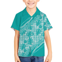 Hawaii Breadfruit Palaka Family Matching Off Shoulder Maxi Dress and Hawaiian Shirt Polu Opal Maile Lei LT9 Son's Shirt Turquoise - Polynesian Pride
