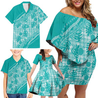 Hawaii Breadfruit Palaka Family Matching Off Shoulder Short Dress and Hawaiian Shirt Polu Opal Maile Lei - Polynesian Pride