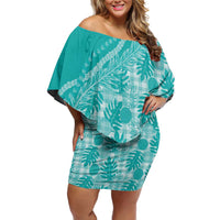 Hawaii Breadfruit Palaka Family Matching Off Shoulder Short Dress and Hawaiian Shirt Polu Opal Maile Lei LT9 Mom's Dress Turquoise - Polynesian Pride