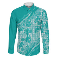 Hawaii Breadfruit Palaka Family Matching Puletasi and Hawaiian Shirt Polu Opal Maile Lei LT9 Dad's Shirt - Long Sleeve Turquoise - Polynesian Pride