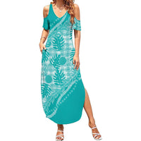 Hawaii Breadfruit Palaka Family Matching Summer Maxi Dress and Hawaiian Shirt Polu Opal Maile Lei LT9 Mom's Dress Turquoise - Polynesian Pride