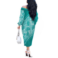 Hawaii Breadfruit Palaka Off The Shoulder Long Sleeve Dress Polu Opal Maile Lei - Polynesian Pride