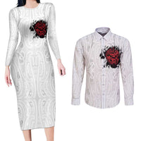 New Zealand Maori Heart Tribal Personalised Couples Matching Long Sleeve Bodycon Dress and Long Sleeve Button Shirt Polynesian Patterns LT9 White - Polynesian Pride
