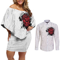 New Zealand Maori Heart Tribal Personalised Couples Matching Off Shoulder Short Dress and Long Sleeve Button Shirt Polynesian Patterns LT9 White - Polynesian Pride