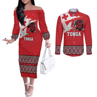 Tonga Heart Tribal Personalised Couples Matching Off The Shoulder Long Sleeve Dress and Long Sleeve Button Shirt Polynesian Patterns