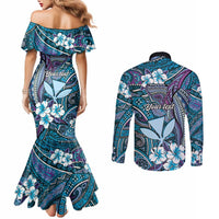 Personalised Hawaii Tribal Humpback Whale Couples Matching Mermaid Dress and Long Sleeve Button Shirt Polu Hibiscus Seamless Pattern LT9 - Polynesian Pride