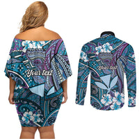 Personalised Hawaii Tribal Humpback Whale Couples Matching Off Shoulder Short Dress and Long Sleeve Button Shirt Polu Hibiscus Seamless Pattern LT9 - Polynesian Pride