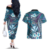 Personalised Hawaii Tribal Humpback Whale Couples Matching Off The Shoulder Long Sleeve Dress and Hawaiian Shirt Polu Hibiscus Seamless Pattern LT9 - Polynesian Pride