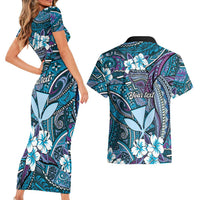 Personalised Hawaii Tribal Humpback Whale Couples Matching Short Sleeve Bodycon Dress and Hawaiian Shirt Polu Hibiscus Seamless Pattern LT9 - Polynesian Pride