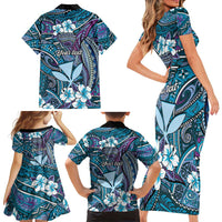Personalised Hawaii Tribal Humpback Whale Family Matching Short Sleeve Bodycon Dress and Hawaiian Shirt Polu Hibiscus Seamless Pattern