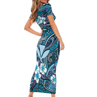 Personalised Hawaii Tribal Humpback Whale Family Matching Short Sleeve Bodycon Dress and Hawaiian Shirt Polu Hibiscus Seamless Pattern